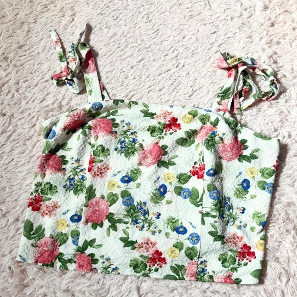 Floral Romantic Coquette Fairy Whimsical Tie Strap Crop Top Smocked Womens XXL